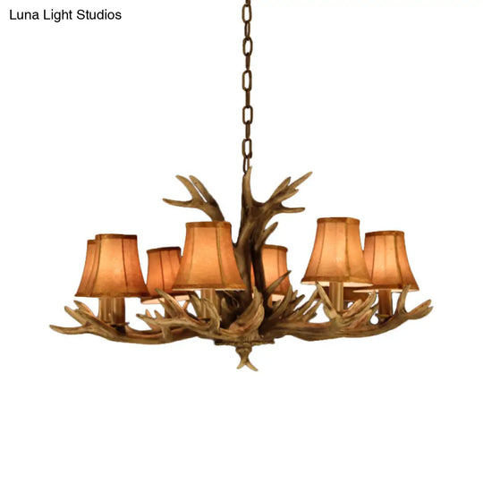 8-Head Faux Antler Pendant Lamp With Rural Brown Fabric Shade - Chandelier Lighting For Dining Room