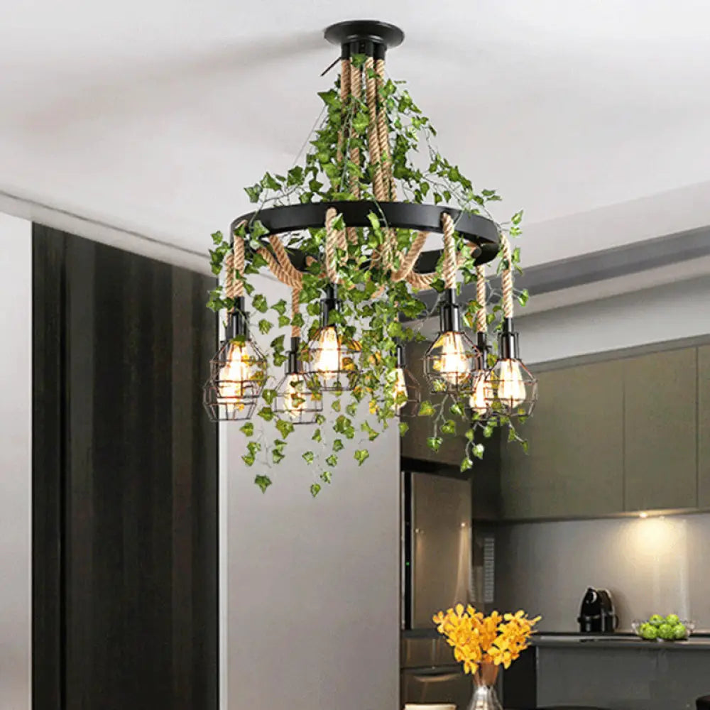 8-Head Hemp Rope Cluster Pendant With Led Down Lighting For Industrial And Restaurant Use Black