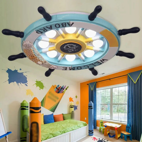 8-Head Kids Bedroom Flush Light: Blue/White/Yellow Led Ceiling Lamp With Rudder Wood Shade White/3