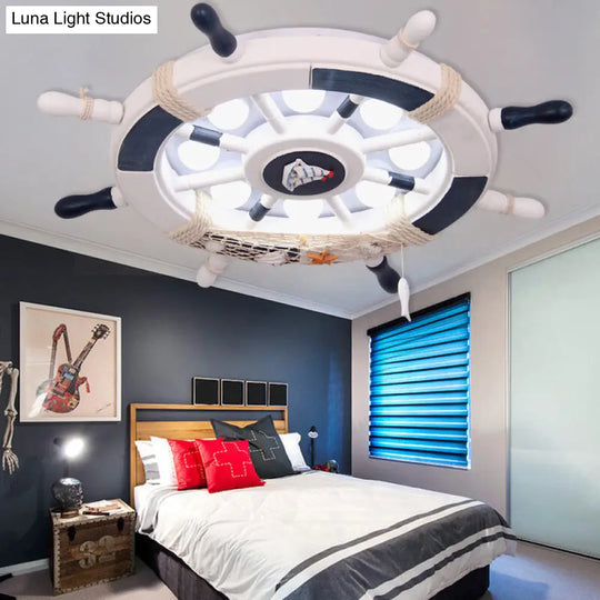 8-Head Kids Bedroom Flush Light: Blue/White/Yellow Led Ceiling Lamp With Rudder Wood Shade White/3