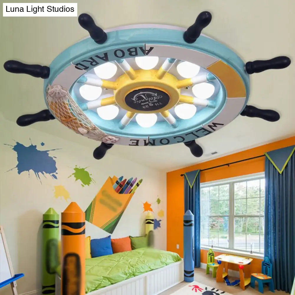 8-Head Kids Bedroom Flush Light: Blue/White/Yellow Led Ceiling Lamp With Rudder Wood Shade White/3