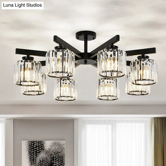 8 Head Living Room Semi Flush Mount Black Ceiling Light With Crystal Cylinder Shade