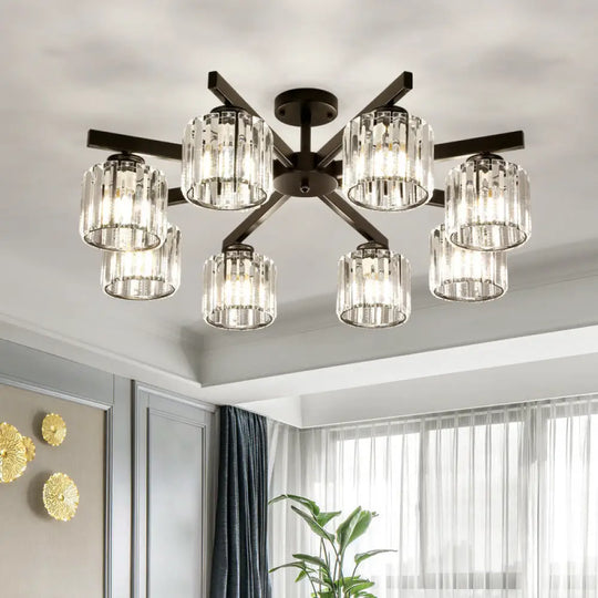 8 Head Living Room Semi Flush Mount Black Ceiling Light With Crystal Cylinder Shade