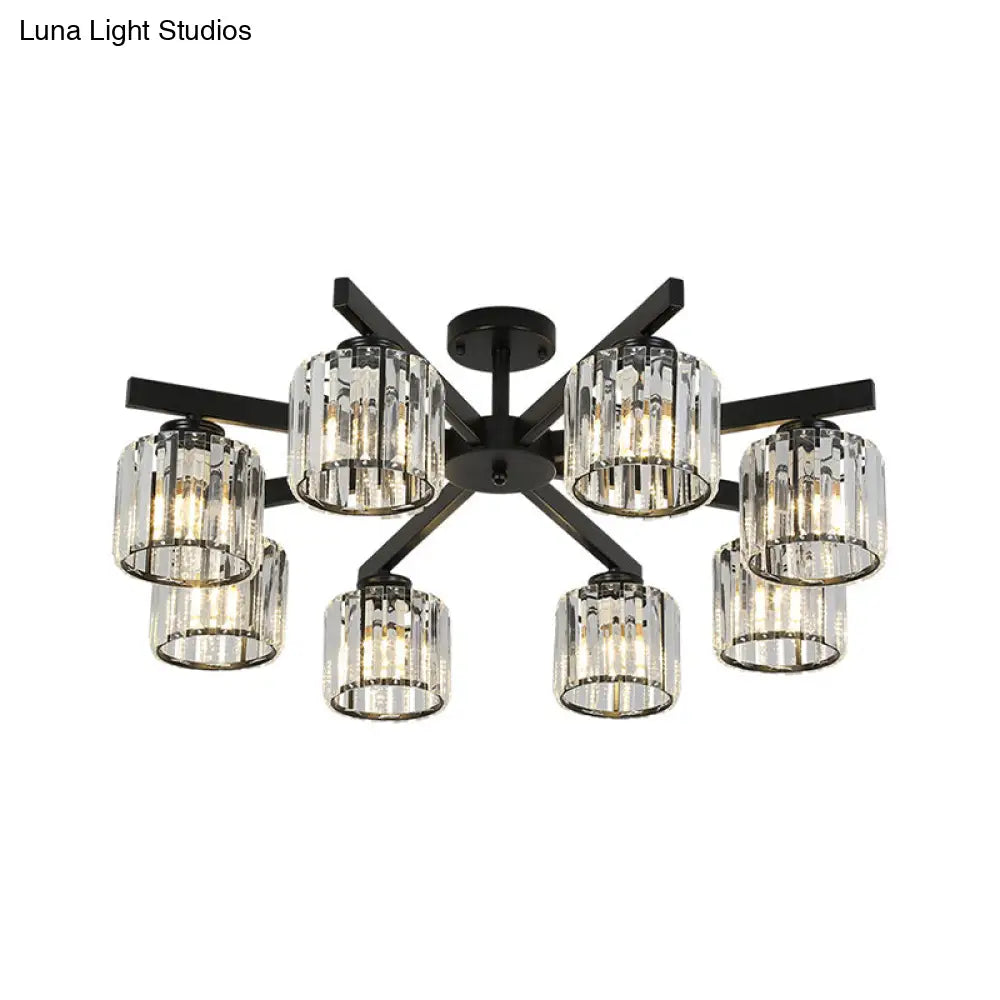 Minimalist Black Semi Flush Mount Ceiling Light With Crystal Cylinder Shade - 8 Heads For Living