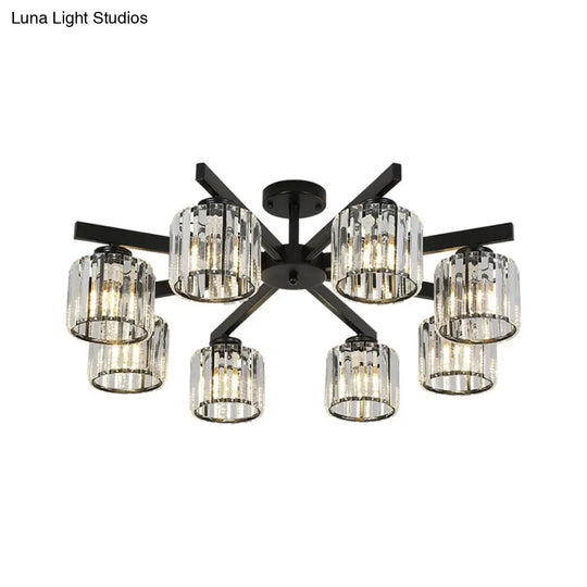 Minimalist Black Semi Flush Mount Ceiling Light With Crystal Cylinder Shade - 8 Heads For Living