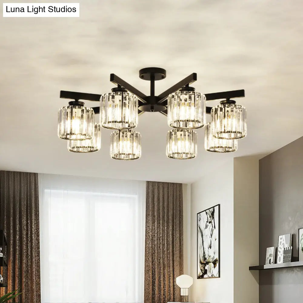 Minimalist Black Semi Flush Mount Ceiling Light With Crystal Cylinder Shade - 8 Heads For Living