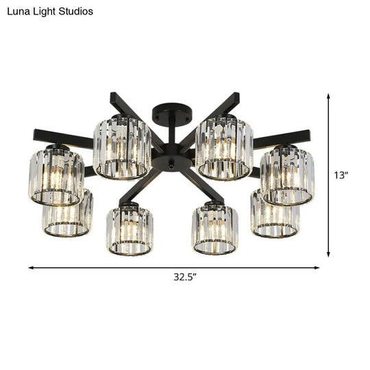 Minimalist Black Semi Flush Mount Ceiling Light With Crystal Cylinder Shade - 8 Heads For Living