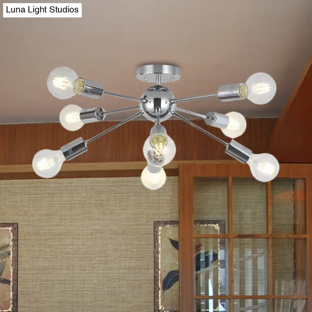8-Head Modern Metal Linear Semi Flush Mount Ceiling Lamp For Restaurants With Small Ball Design