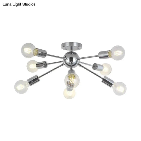 8-Head Modern Metal Linear Semi Flush Mount Ceiling Lamp For Restaurants With Small Ball Design