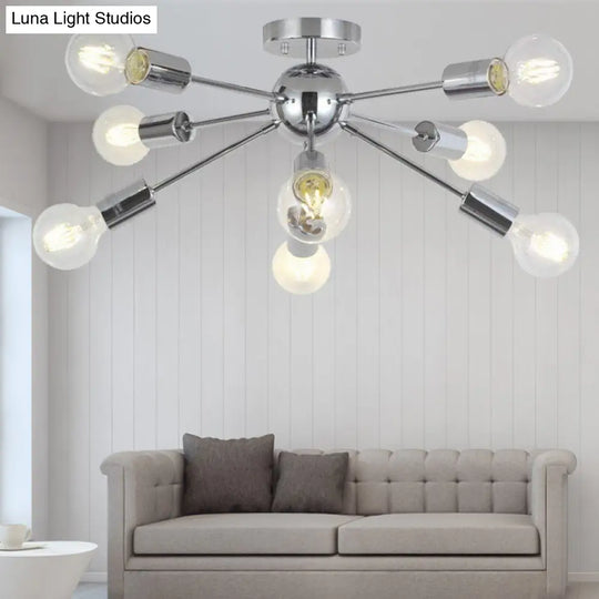 8-Head Modern Metal Linear Semi Flush Mount Ceiling Lamp For Restaurants With Small Ball Design