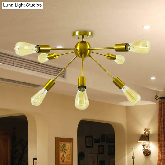 8-Head Modern Metal Linear Semi Flush Mount Ceiling Lamp For Restaurants With Small Ball Design Gold