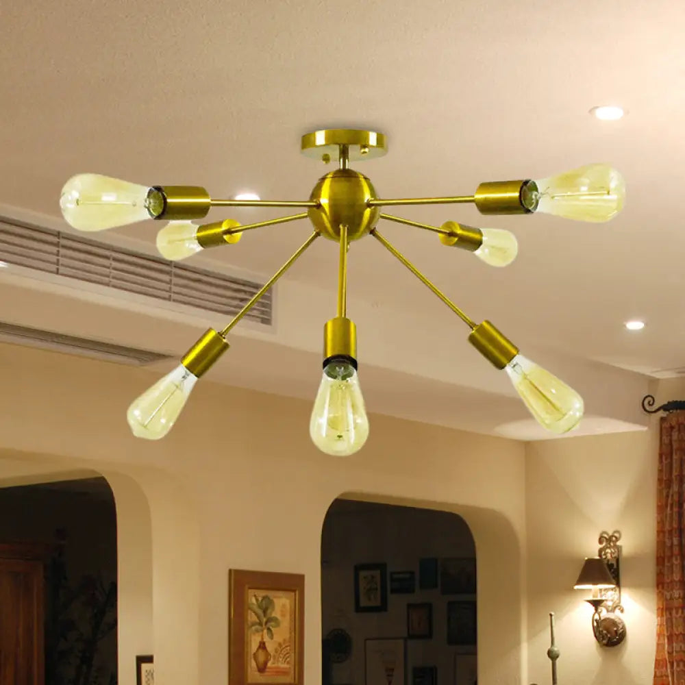 8-Head Modern Metal Linear Semi Flush Mount Ceiling Lamp For Restaurants With Small Ball Design Gold