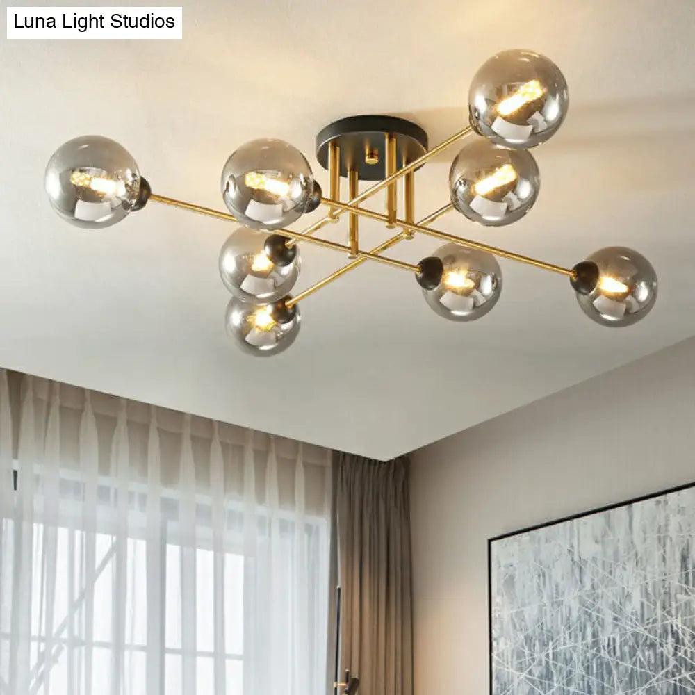 8-Head Parlor Semi Flush Light With Ball Amber Glass Shade Modern Ceiling Mounted Fixture