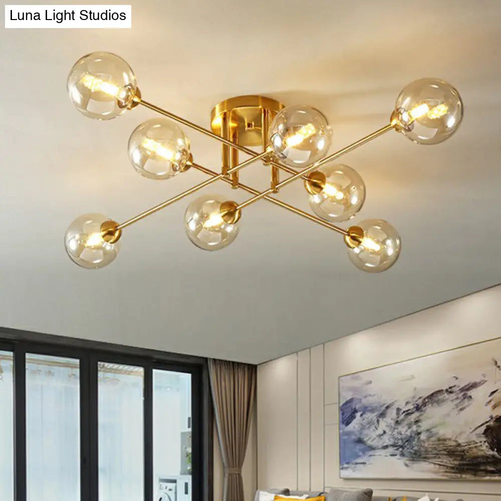 8-Head Parlor Semi Flush Light With Ball Amber Glass Shade Modern Ceiling Mounted Fixture