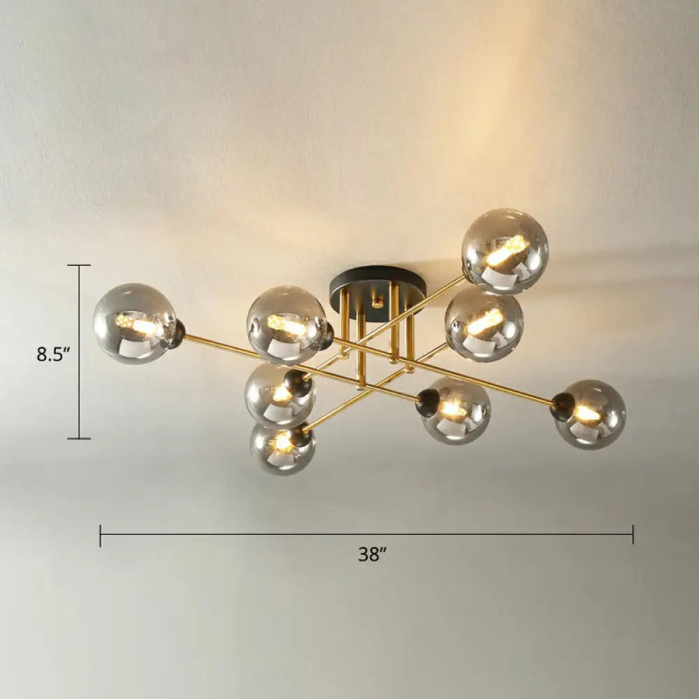 8-Head Parlor Semi Flush Light With Ball Amber Glass Shade Modern Ceiling Mounted Fixture Black