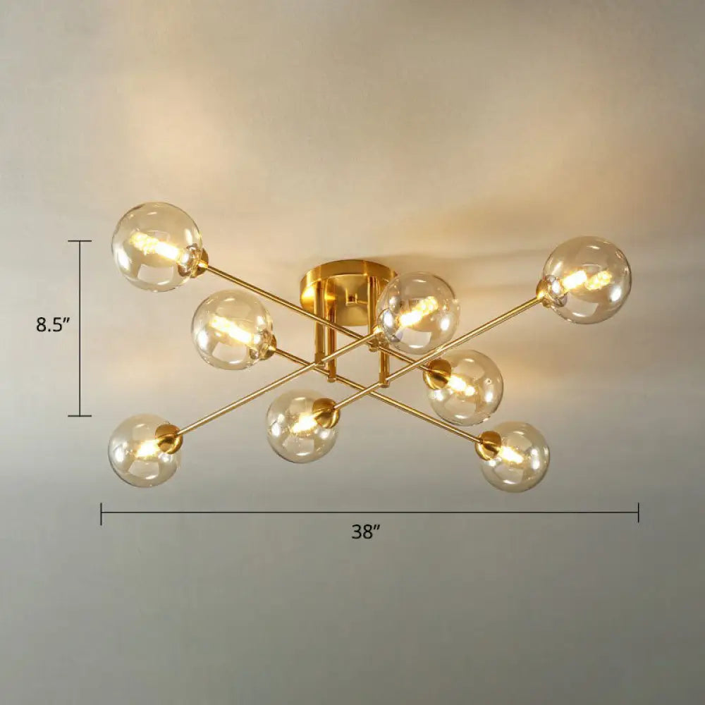 8-Head Parlor Semi Flush Light With Ball Amber Glass Shade Modern Ceiling Mounted Fixture Gold