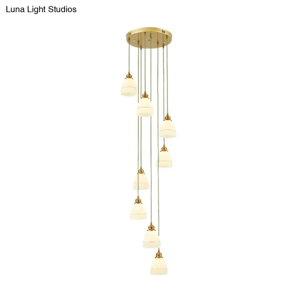 Modern 8-Head Pendant Lighting For Stairs - Multi Ceiling Light With White Glass Shade