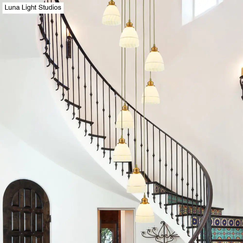 Modern 8-Head Pendant Lighting For Stairs - Multi Ceiling Light With White Glass Shade / Dome