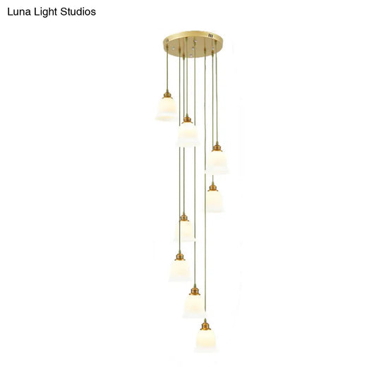 Modern 8-Head Pendant Lighting For Stairs - Multi Ceiling Light With White Glass Shade