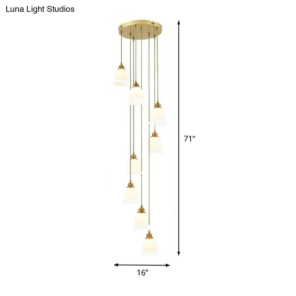 Modern 8-Head Pendant Lighting For Stairs - Multi Ceiling Light With White Glass Shade