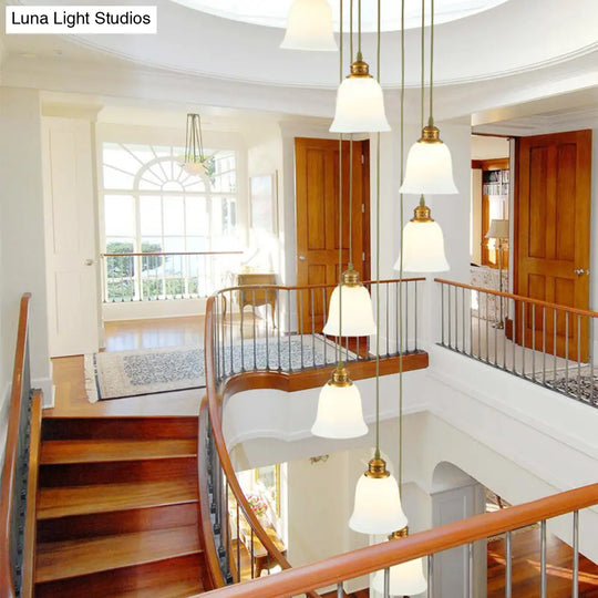 Modern 8-Head Pendant Lighting For Stairs - Multi Ceiling Light With White Glass Shade / Bell