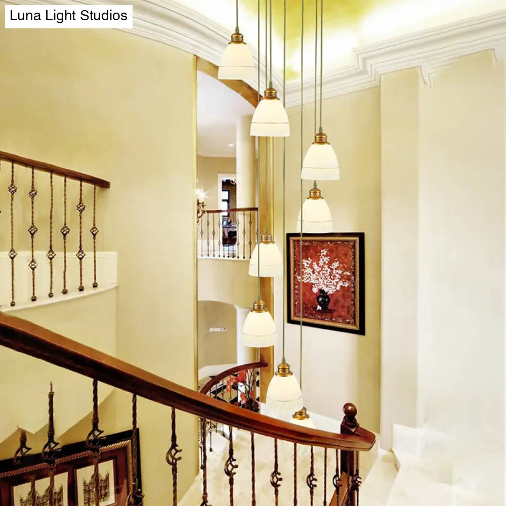 Modern 8-Head Pendant Lighting For Stairs - Multi Ceiling Light With White Glass Shade