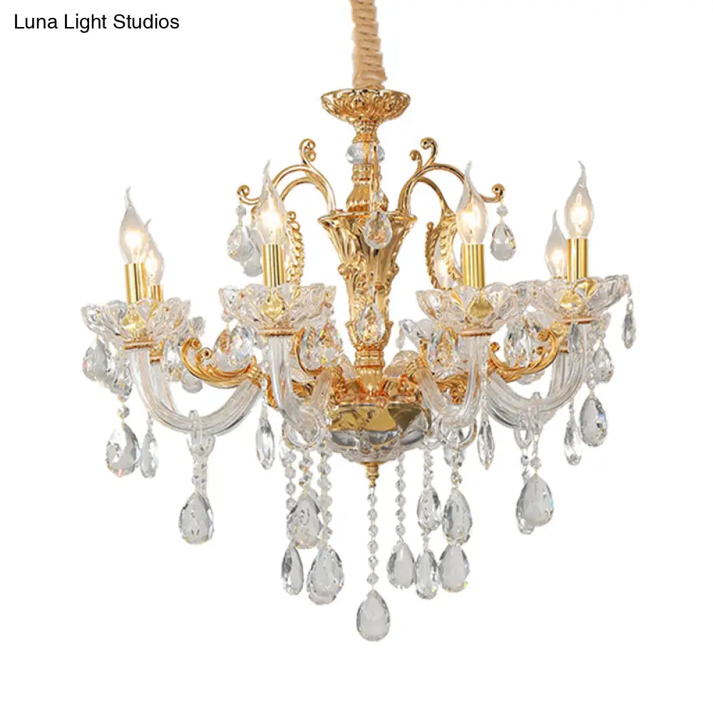 8-Head Traditional Candle Pendant Chandelier In Elegant Gold With Clear Crystal Glass Stylish