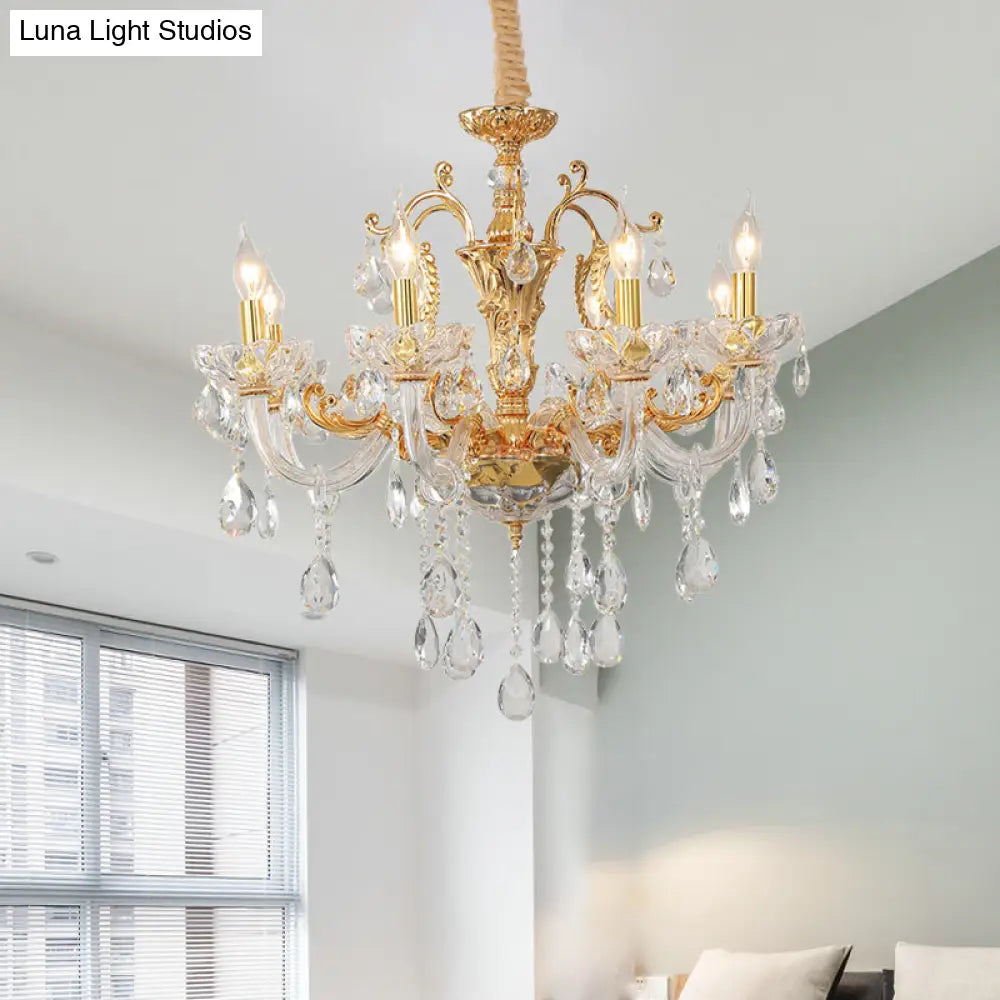 8-Head Traditional Candle Pendant Chandelier In Elegant Gold With Clear Crystal Glass Stylish