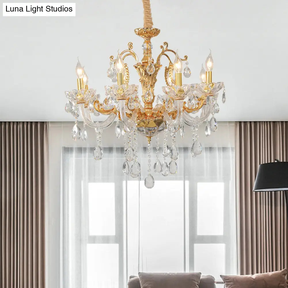 8-Head Traditional Candle Pendant Chandelier In Elegant Gold With Clear Crystal Glass Stylish