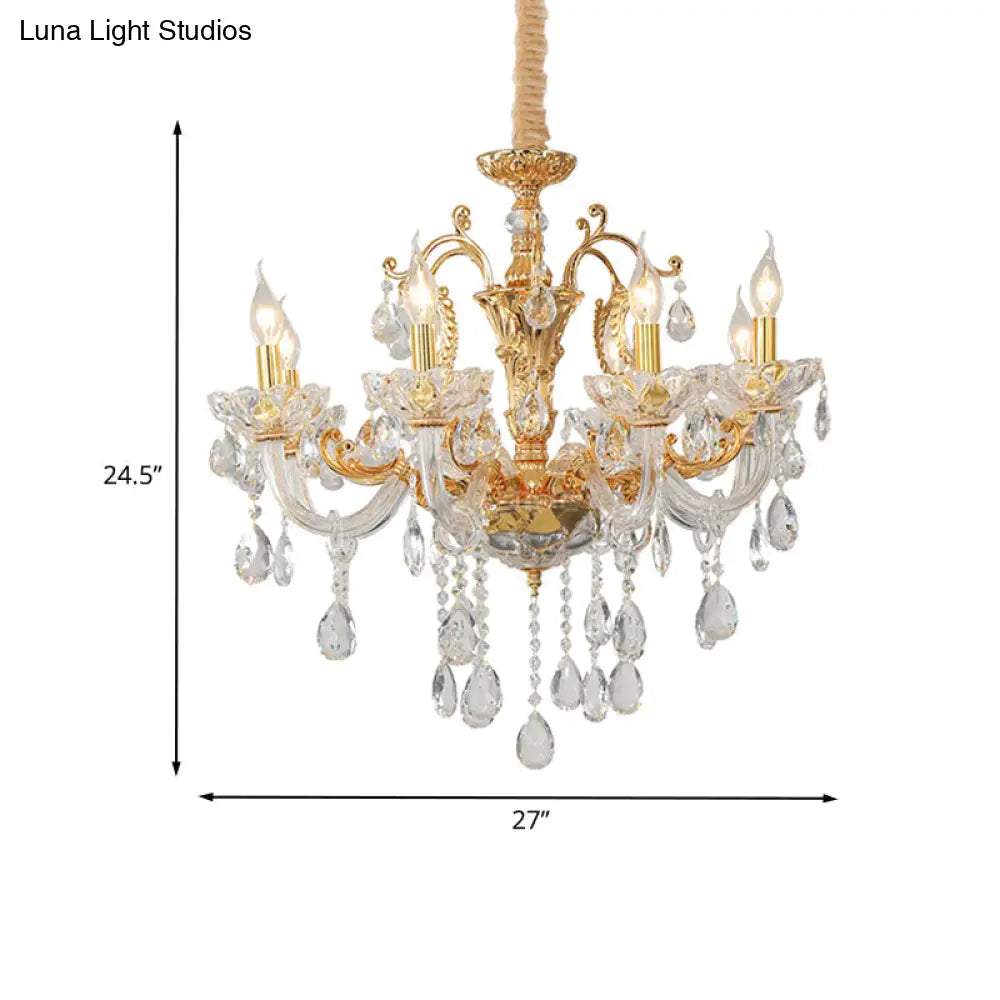 8-Head Traditional Candle Pendant Chandelier In Elegant Gold With Clear Crystal Glass Stylish