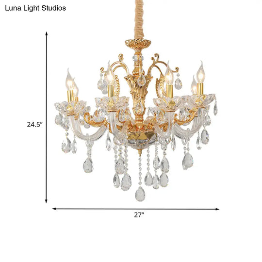 8-Head Traditional Candle Pendant Chandelier In Elegant Gold With Clear Crystal Glass Stylish