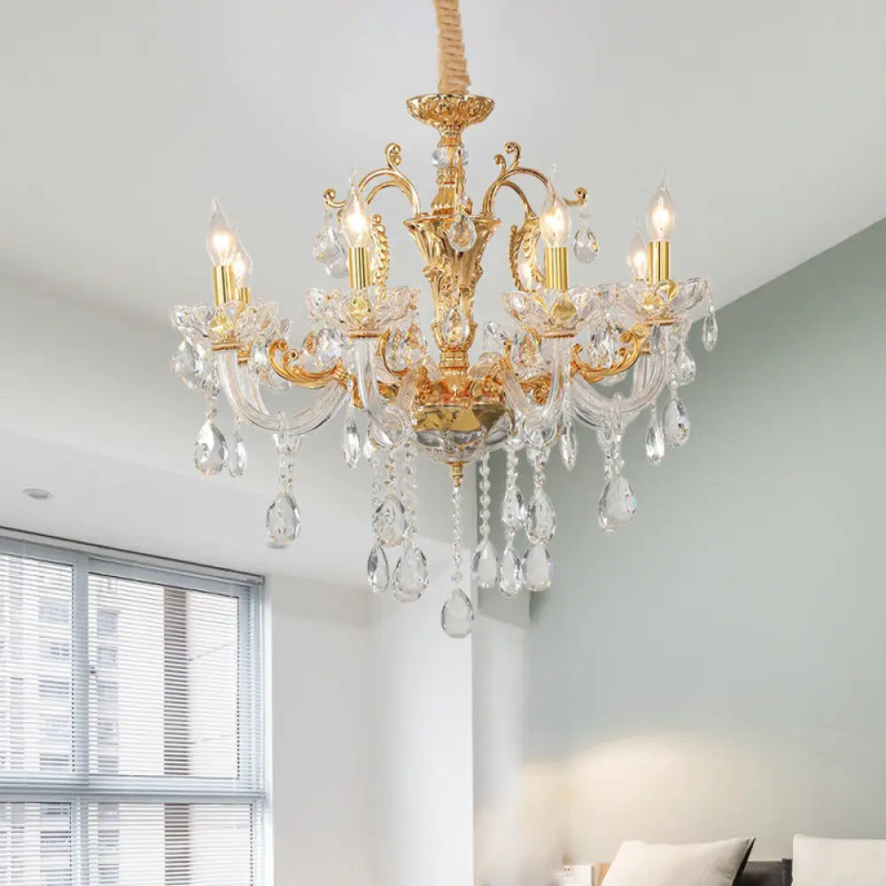 8-Head Traditional Candle Pendant Chandelier In Elegant Gold With Clear Crystal Glass Stylish