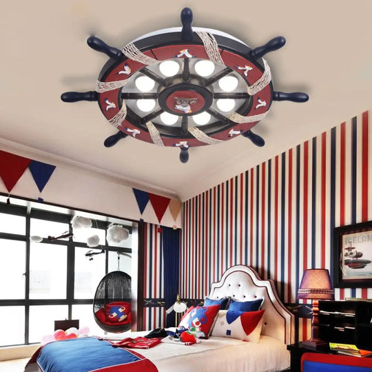 8-Light Bedroom Flush Mount Fixture With Rudder Wooden Shade - Cartoon Blue/Brown Ceiling Lamp In