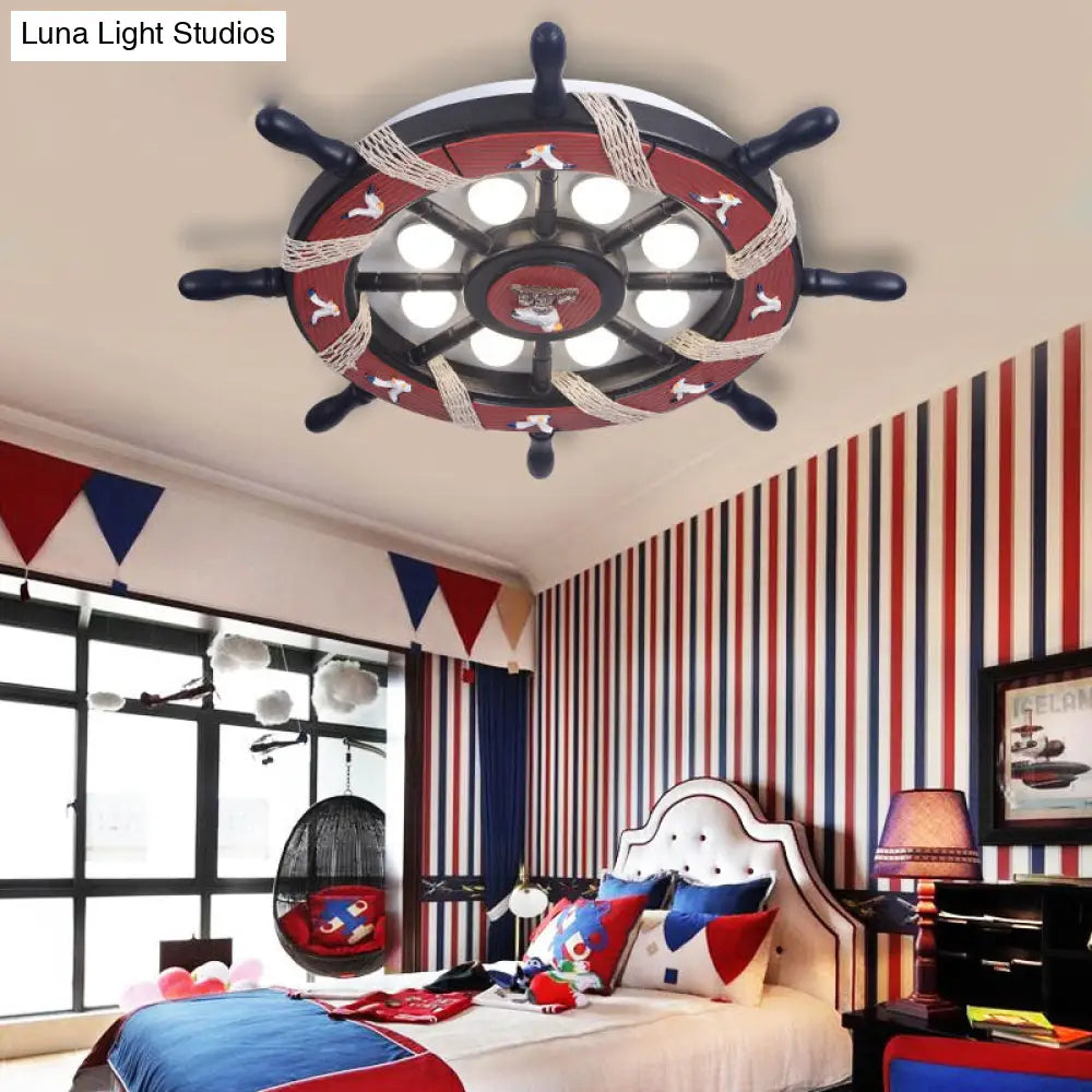 8-Light Bedroom Flush Mount Fixture With Rudder Wooden Shade - Cartoon Blue/Brown Ceiling Lamp In