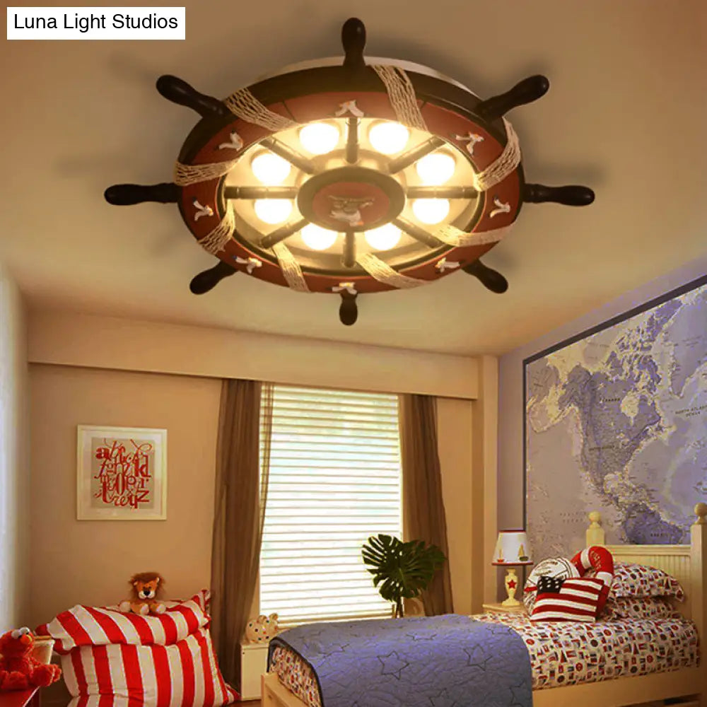 8-Light Bedroom Flush Mount Fixture With Rudder Wooden Shade - Cartoon Blue/Brown Ceiling Lamp In