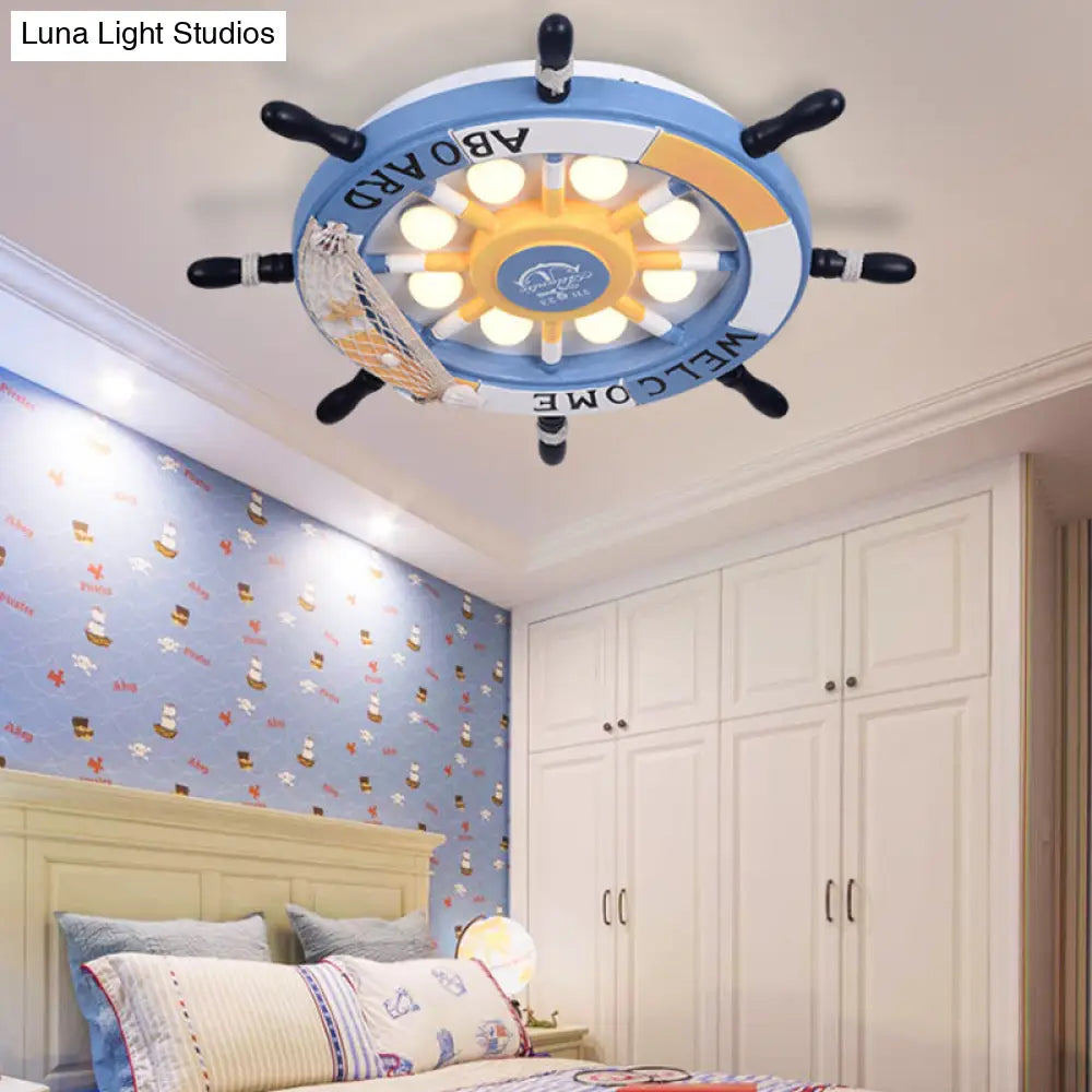 8-Light Bedroom Flush Mount Fixture With Rudder Wooden Shade - Cartoon Blue/Brown Ceiling Lamp In