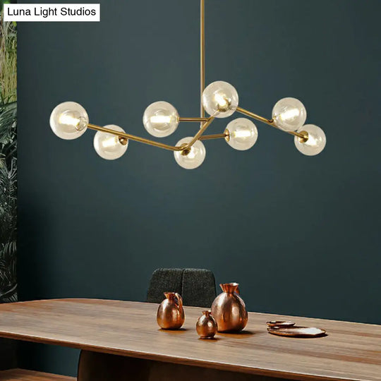 Sleek Brass Finish Molecule Chandelier: Simplicity In 8-Bulb Metal Suspension Light With Glass Ball