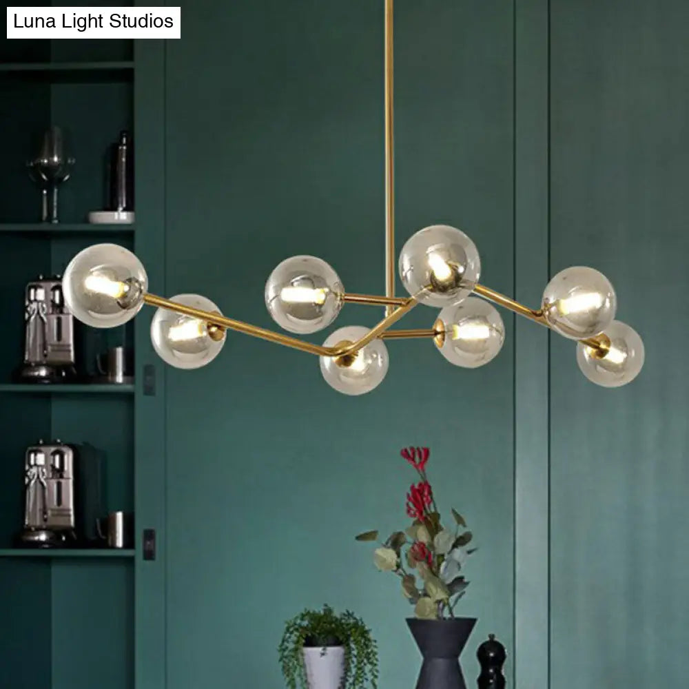 Sleek Brass Finish Molecule Chandelier: Simplicity In 8-Bulb Metal Suspension Light With Glass Ball