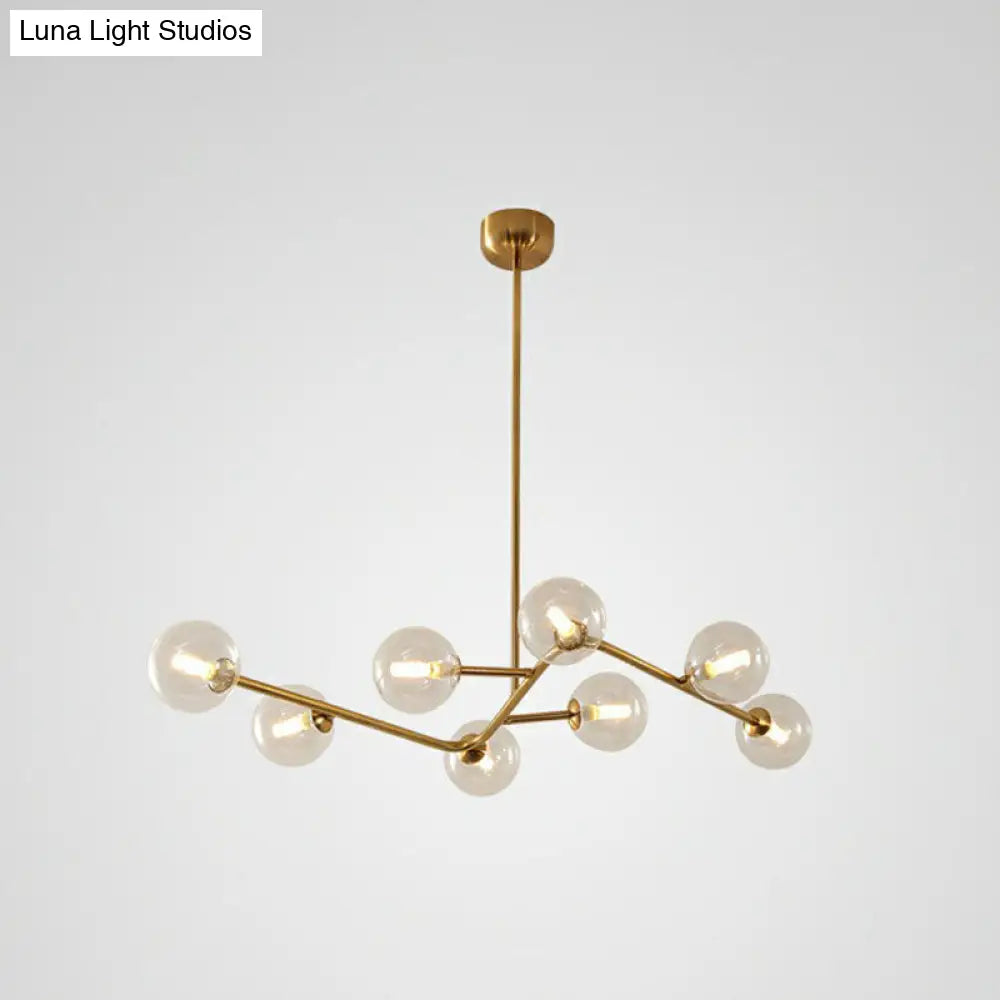 Sleek Brass Finish Molecule Chandelier: Simplicity In 8-Bulb Metal Suspension Light With Glass Ball