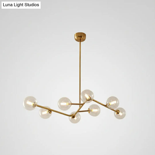 Sleek Brass Finish Molecule Chandelier: Simplicity In 8-Bulb Metal Suspension Light With Glass Ball