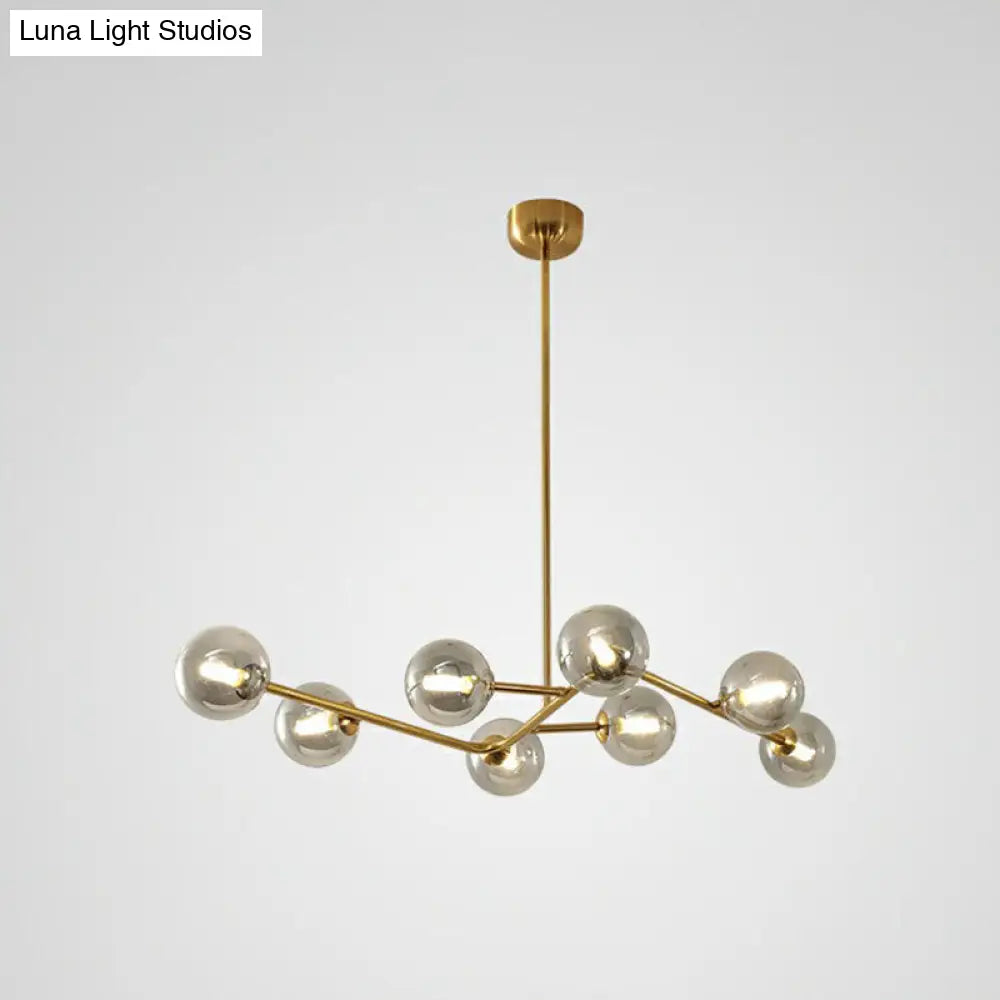 Sleek Brass Finish Molecule Chandelier: Simplicity In 8-Bulb Metal Suspension Light With Glass Ball