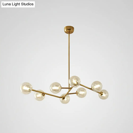 Sleek Brass Finish Molecule Chandelier: Simplicity In 8-Bulb Metal Suspension Light With Glass Ball