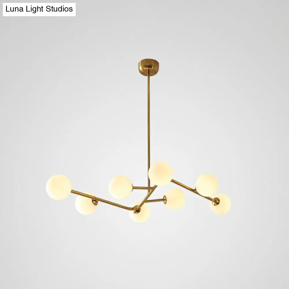 Sleek Brass Finish Molecule Chandelier: Simplicity In 8-Bulb Metal Suspension Light With Glass Ball