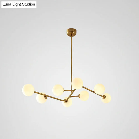 Sleek Brass Finish Molecule Chandelier: Simplicity In 8-Bulb Metal Suspension Light With Glass Ball