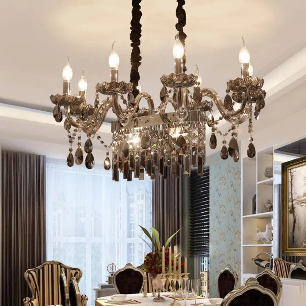 8-Light Island Pendant - Traditional Candelabra Style Smoke Gray Crystal Suspension Lighting With