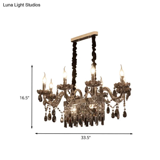 8-Light Island Pendant - Traditional Candelabra Style Smoke Gray Crystal Suspension Lighting With