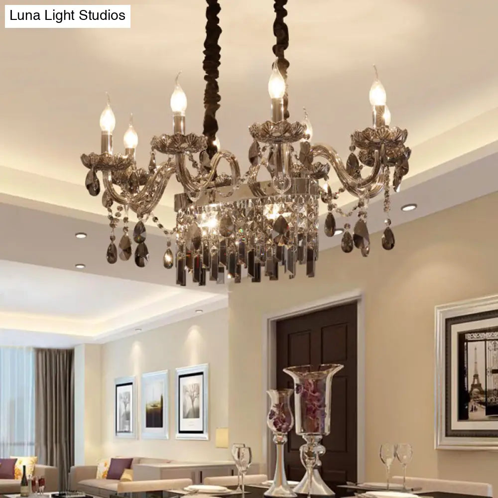 8-Light Island Pendant - Traditional Candelabra Style Smoke Gray Crystal Suspension Lighting With