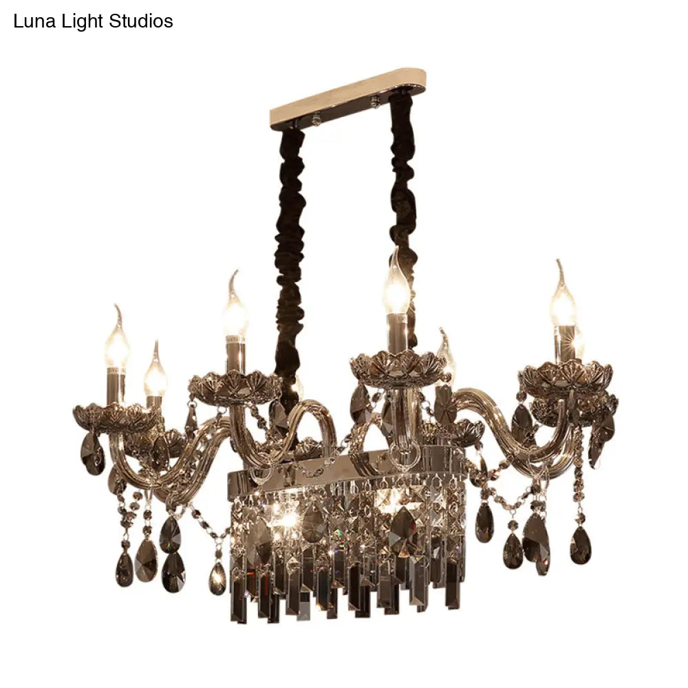 8-Light Island Pendant - Traditional Candelabra Style Smoke Gray Crystal Suspension Lighting With