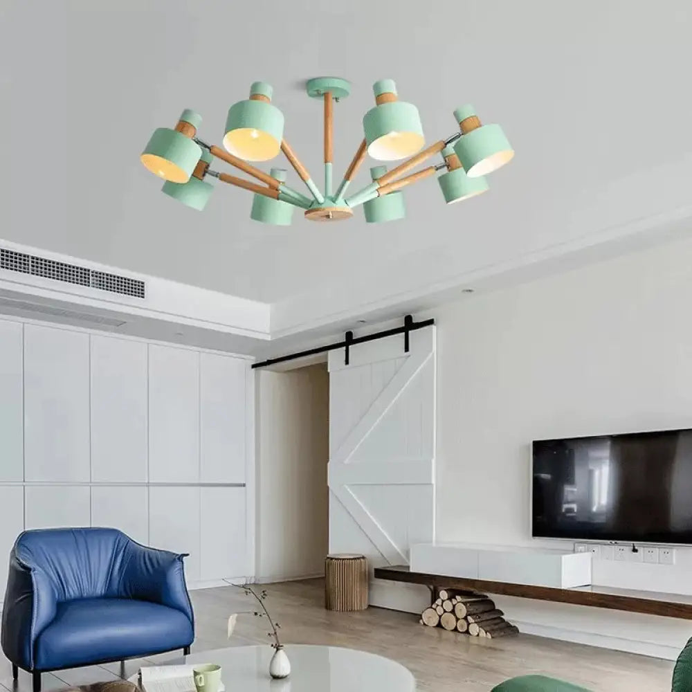 8-Light Macaron Round Shade Semi Flushmount For Kindergarten Ceiling Light Green