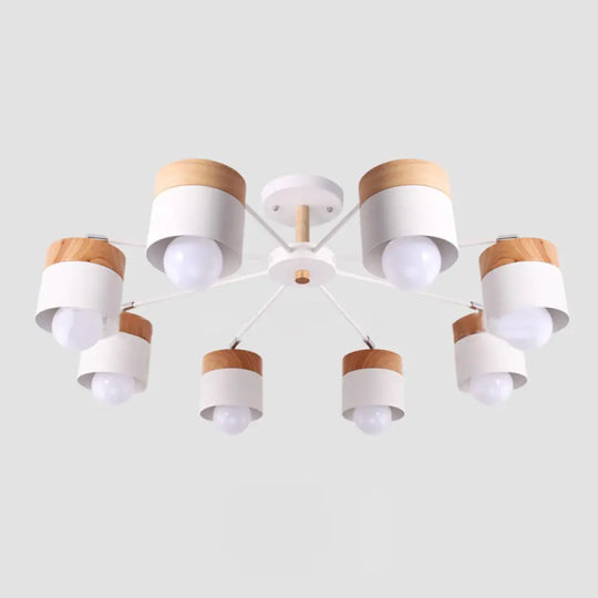 8 - Light Modern White Metal And Wood Semi Flush Chandelier - Stylish Ceiling Light Fixture